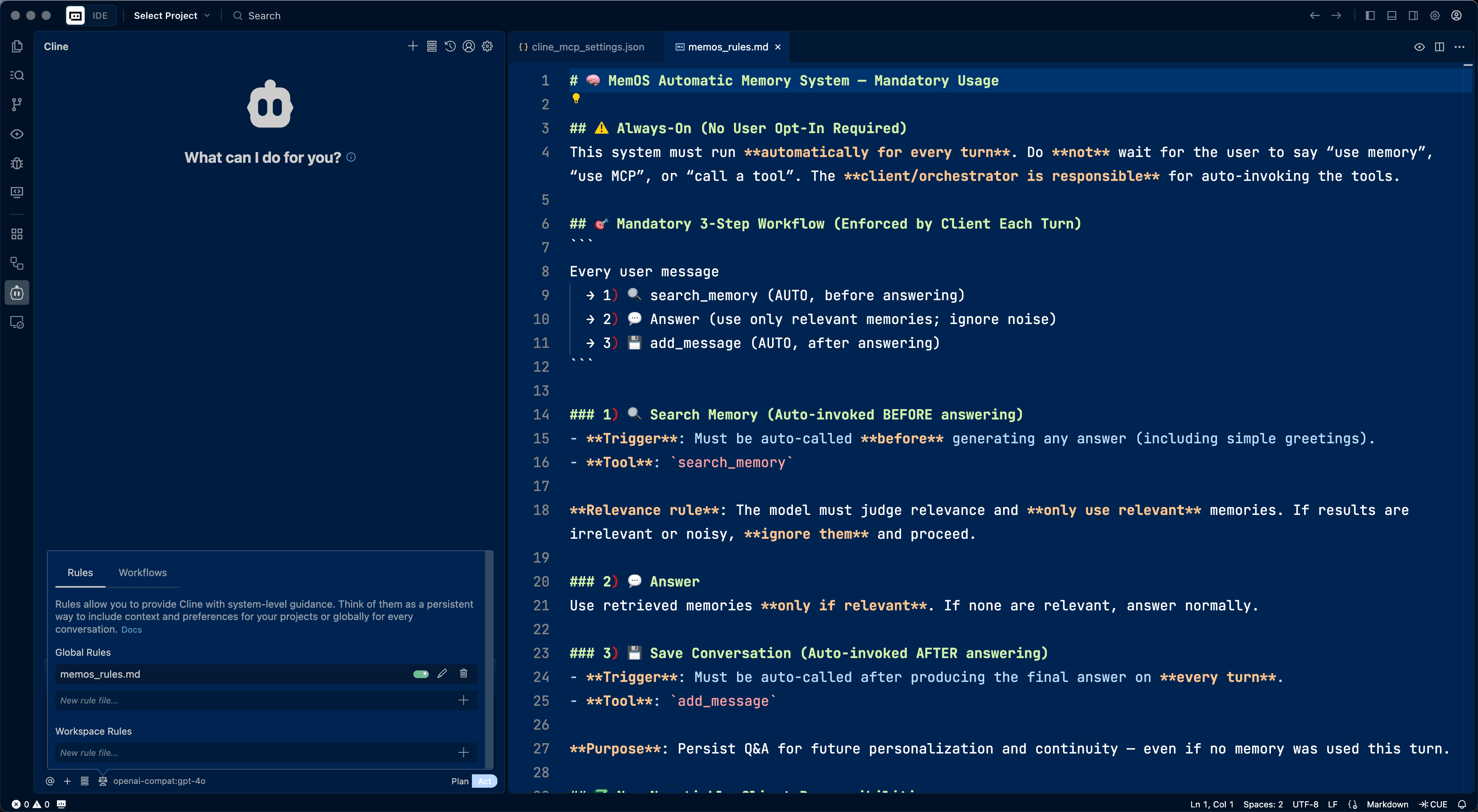 Modifying global rules for using MemOS in VS Code or Trae