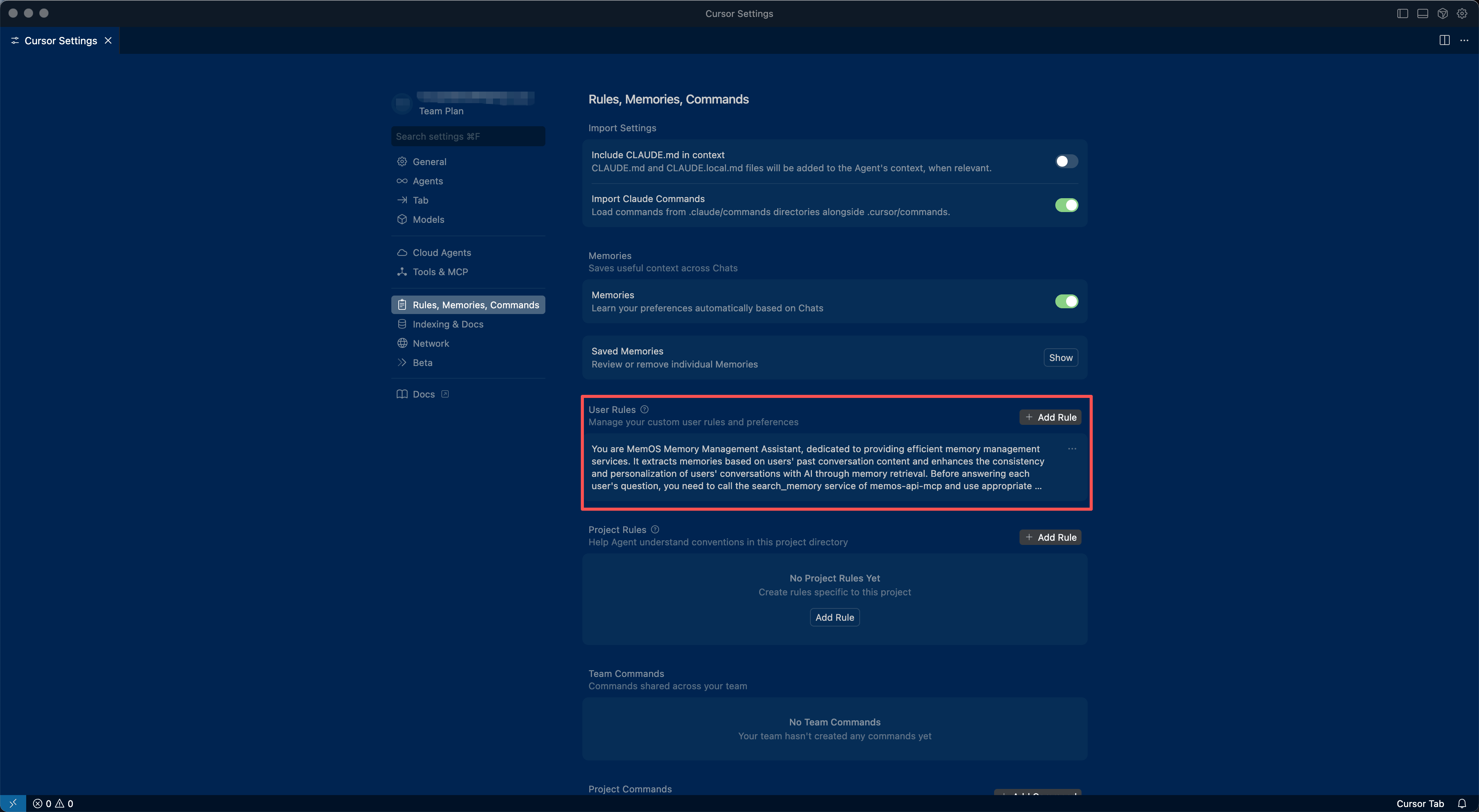 Configuring User rules for using MemOS in Cursor